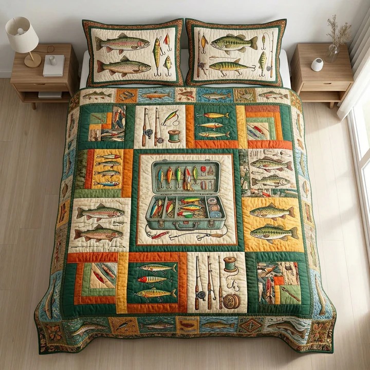 Reel Craft Quilted Bedding Set Rustic Fishing Bedroom Decor Cozy Home Gift For Anglers