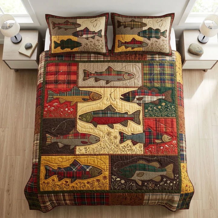 Reel Hunter Quilted Bedding Set Fishing Lodge Bedroom Decor Cozy Home Gift For Fishermen