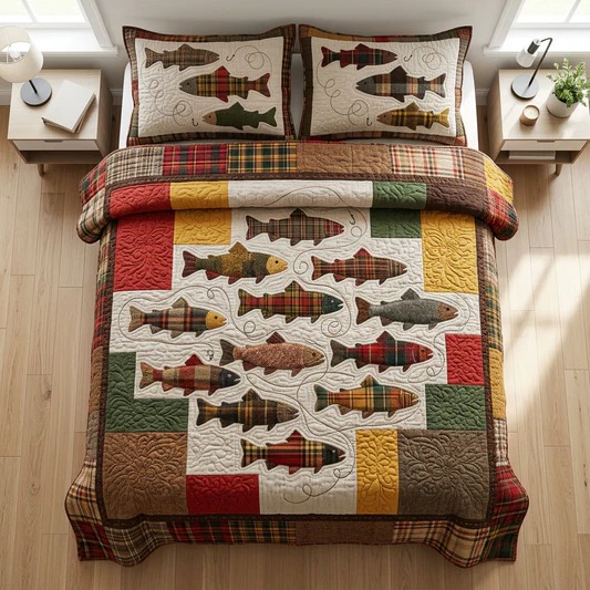 Reel Spirit Quilted Bedding Set Lake House Bedroom Decor Cozy Gift For Fishing Lovers