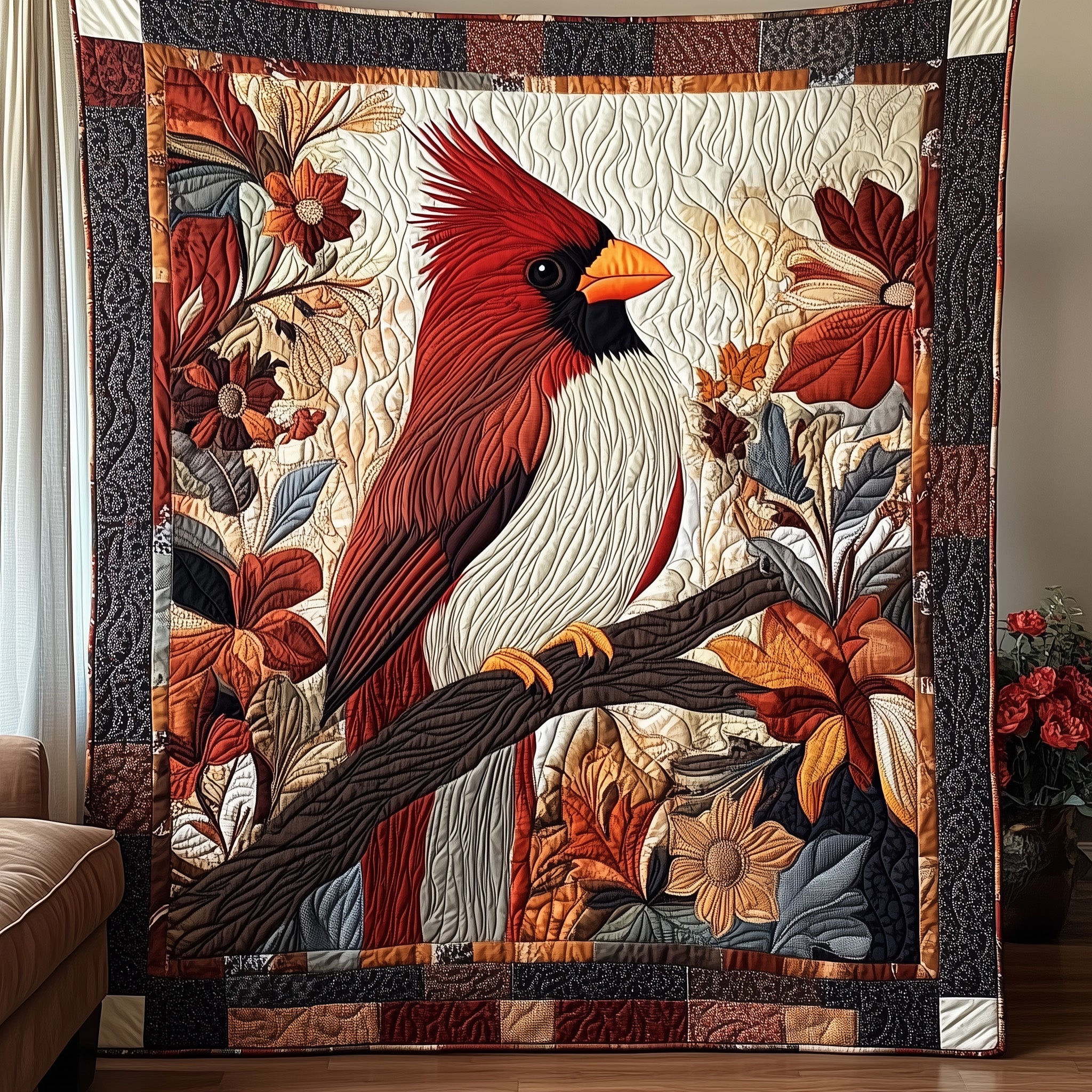 Regal Cardinal  Quilted Blanket Merchandise Throw BlanketUnique Red Cardinal Gifts Christmas