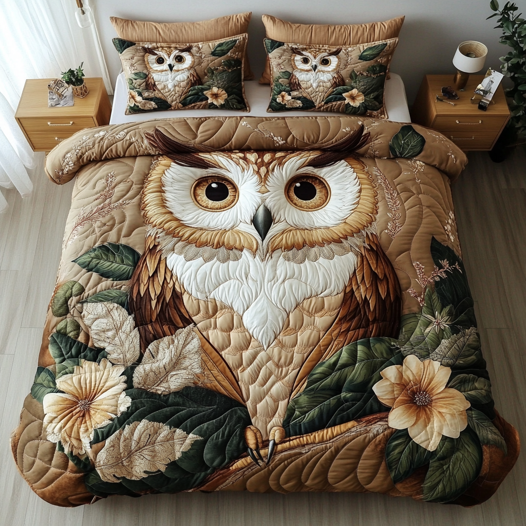 Regal Owl Quilted Bedding Set Bed Room Decoration Unique Owl Gift Items