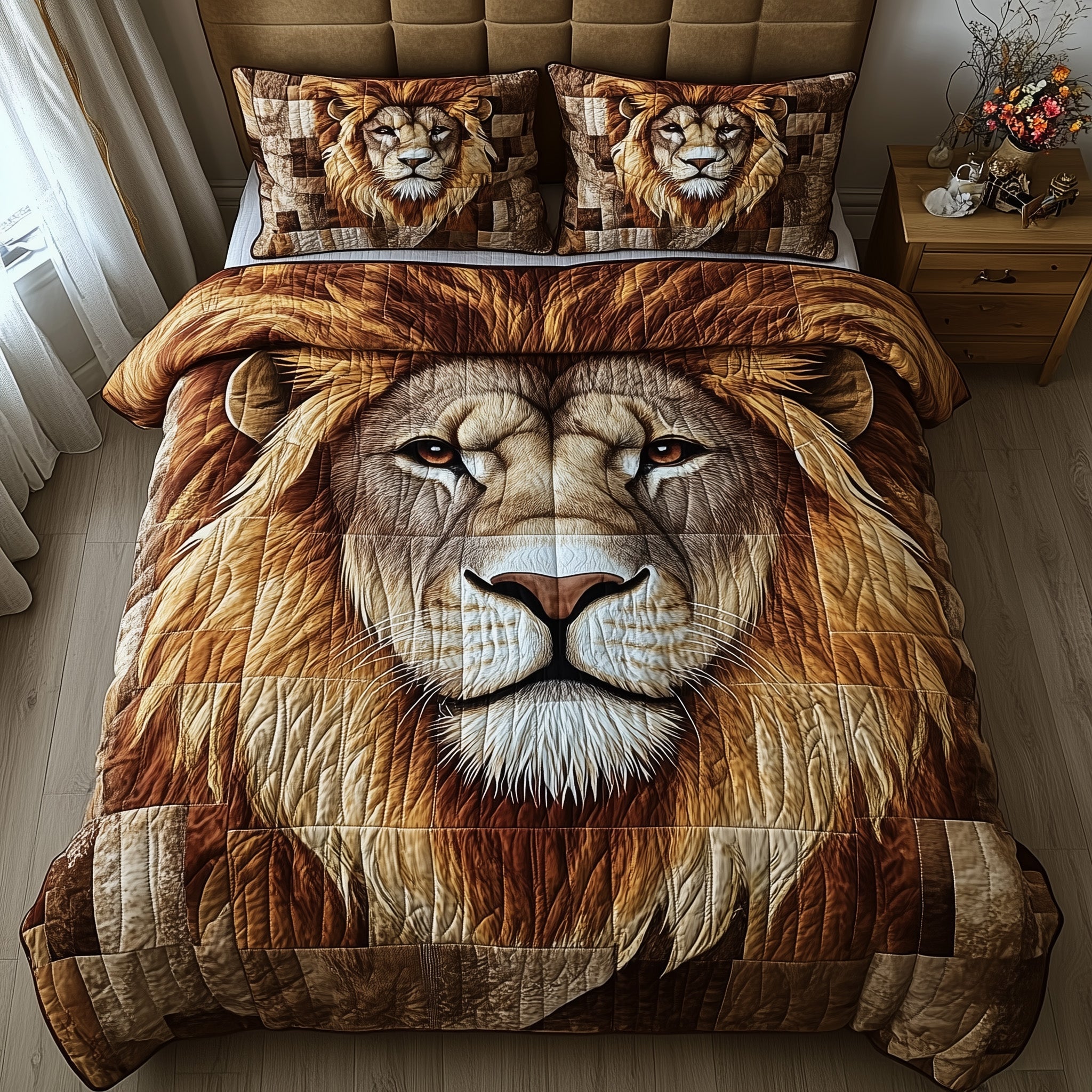 Regal Roar Quilted Bedding Set Duvet Cover Bed Sheet Lion Gifts For Him