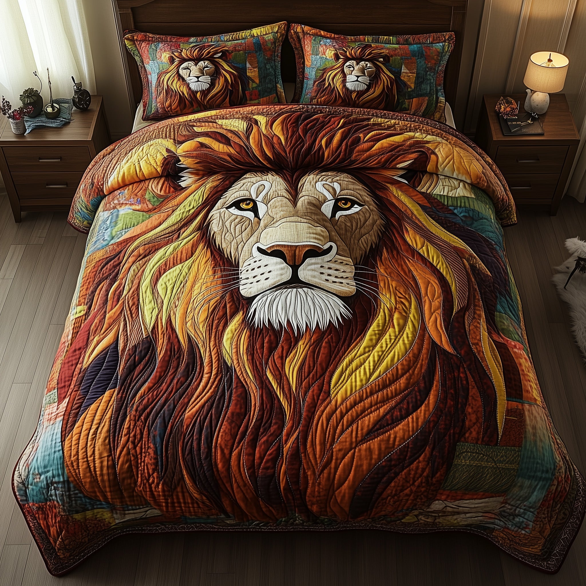 Regal Roar Quilted Bedding Set Duvet Cover Bed Sheet Lion Gifts For Men