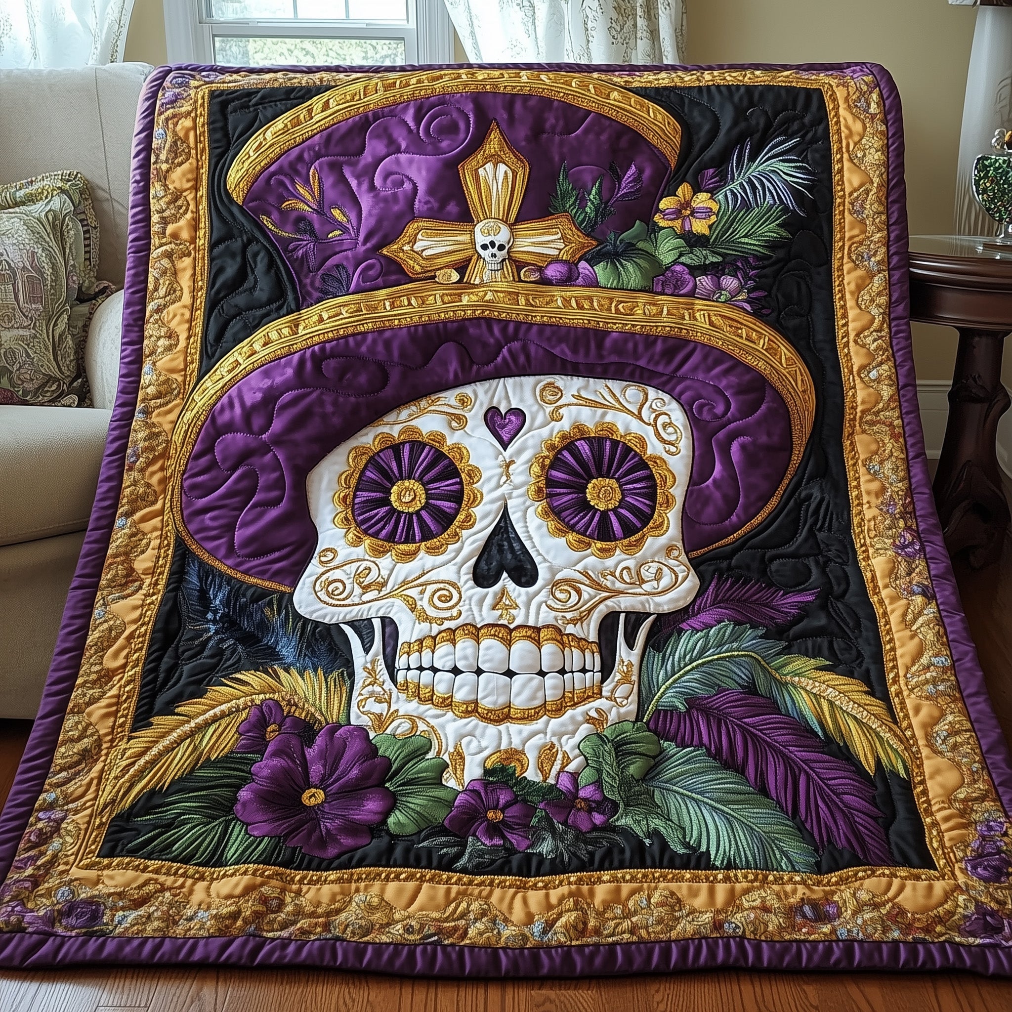 Regal Skull Art Quilted Blanket Cute Bed BlanketMardi Gras Gifts For Women