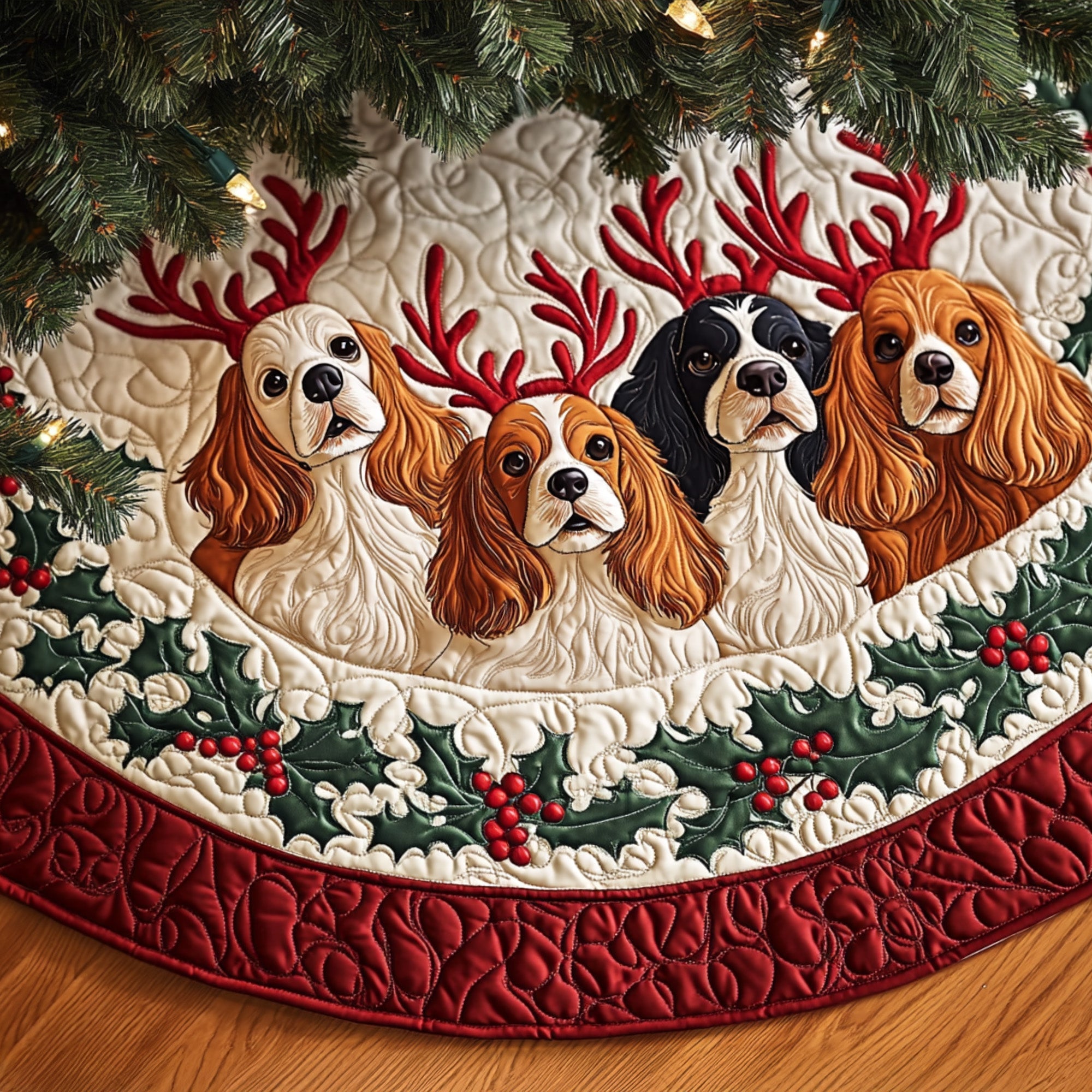 Regal Spaniel Slumber Quilted Christmas Tree Skirt Classic Red and White Tree Skirt for Traditional Decor