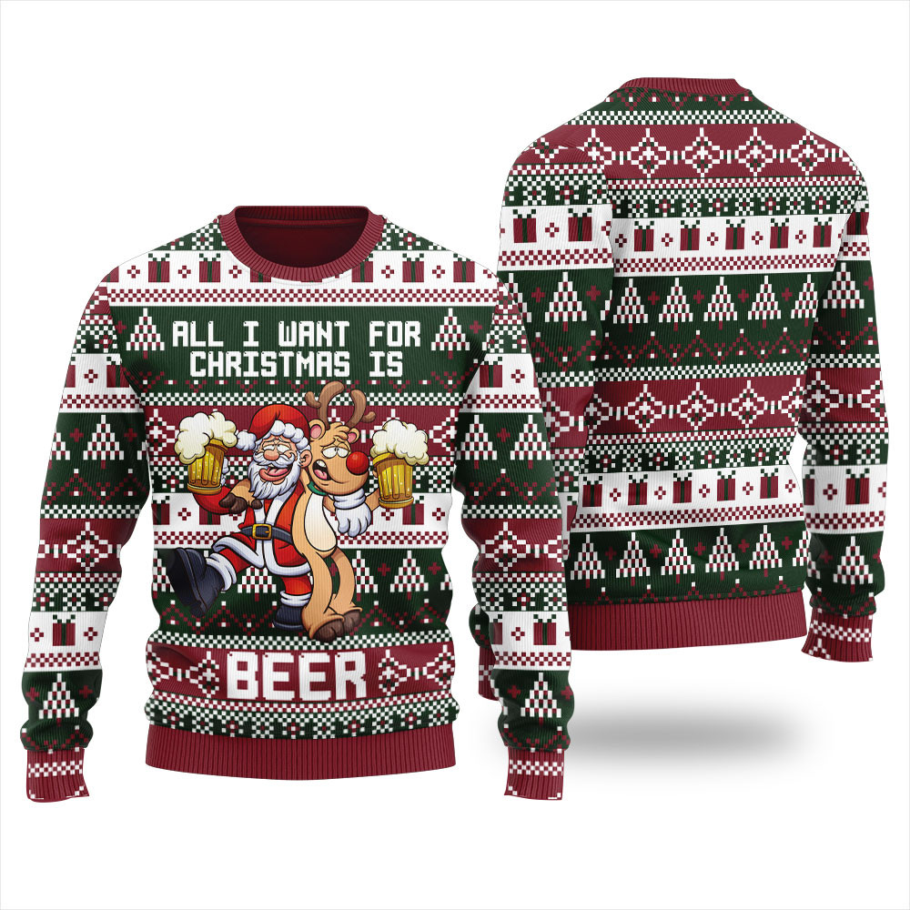 Reindeer And Santa Beer Drinking Ugly Christmas Sweater Merry Christmas Sweatshirt for Holiday Fun