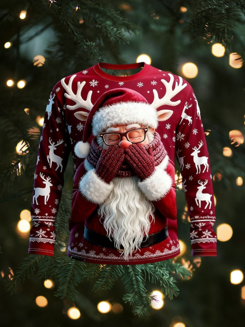Reindeer And Santa Covering Face Christmas Long Sleeve Shirt Cute Christmas Gifts For Him