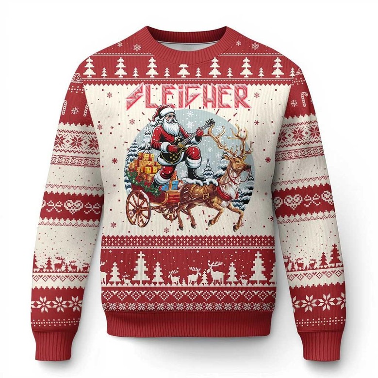 Reindeer And Santa Playing Guitar Ugly Holiday Jumper Sleigher Fun Gifts For Guitar Players
