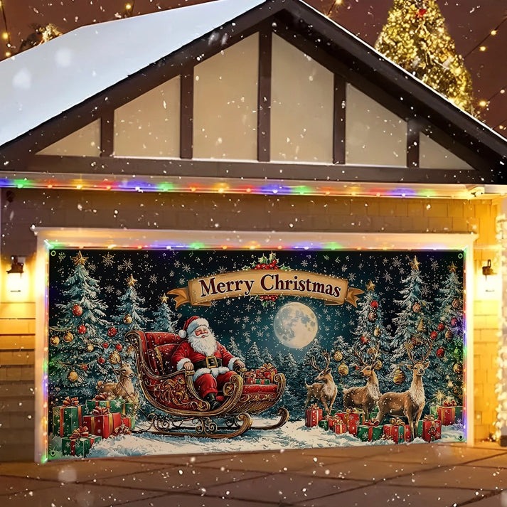 Reindeer And Santa Sitting On Sleigh Merry Christmas Garage Door Cover Decoration Gifts