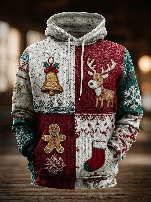 Reindeer Bell Gingerbread Patchwork Christmas Hoodie Warm Winter Clothes Xmas Holiday Gifts