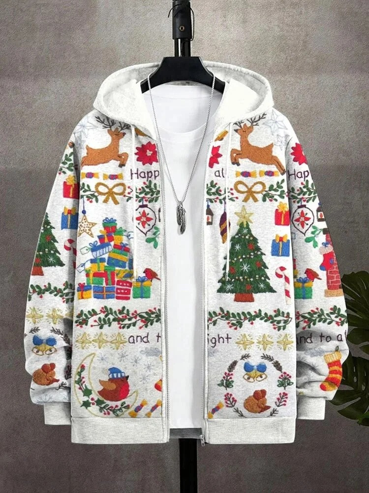 Reindeer Bird Christmas Holiday Zip Hoodie Tree Pine And Gift Boxes Cute Christmas Gifts