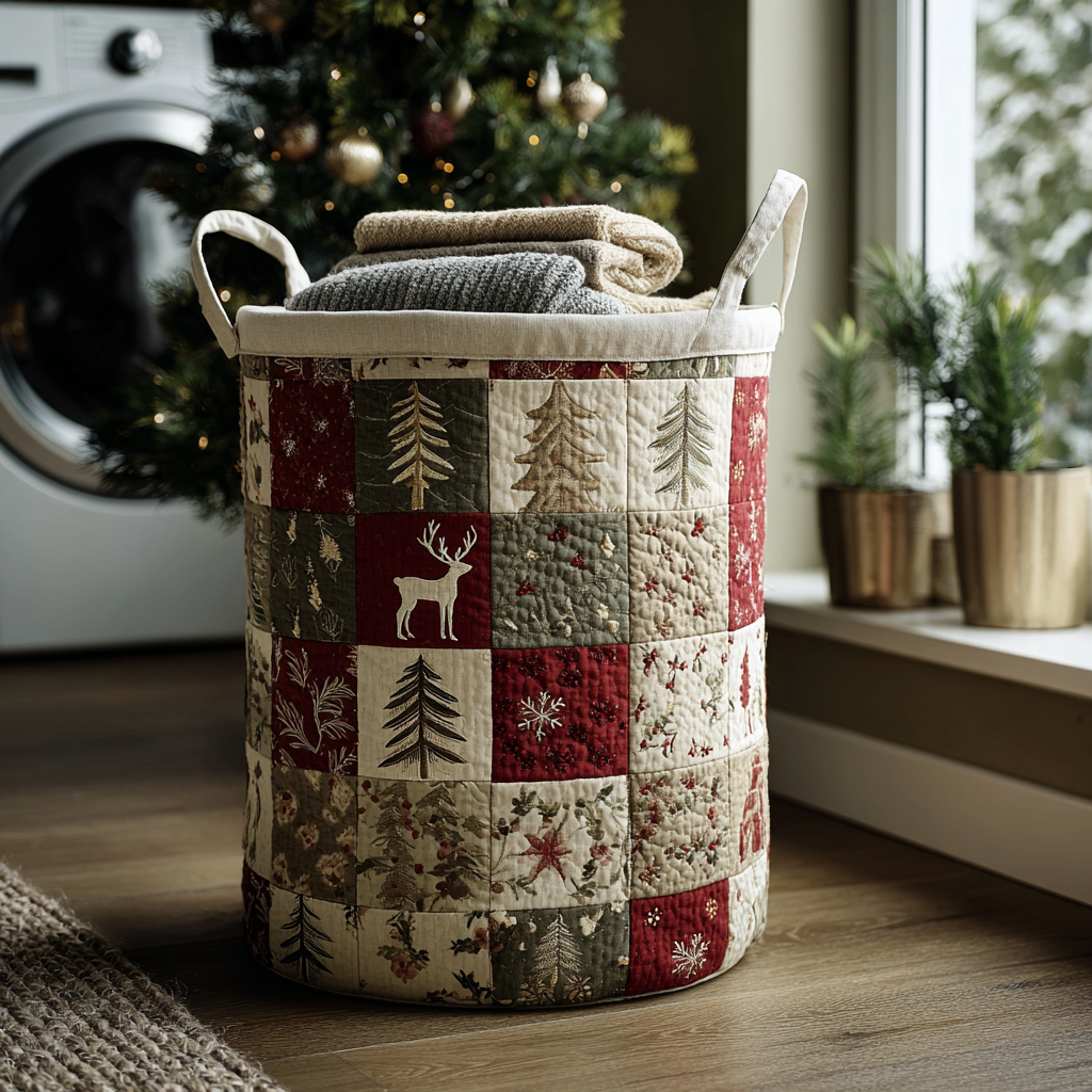 Reindeer Bliss Quilted Laundry Basket Useful Quilted Laundry Basket Gift for Housewarming