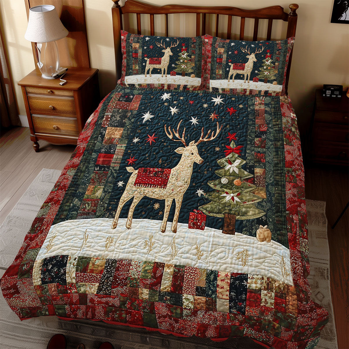 Reindeer Christmas Holiday Xmas Quilted Bedding Set Romantic Christmas Gifts For Newlyweds