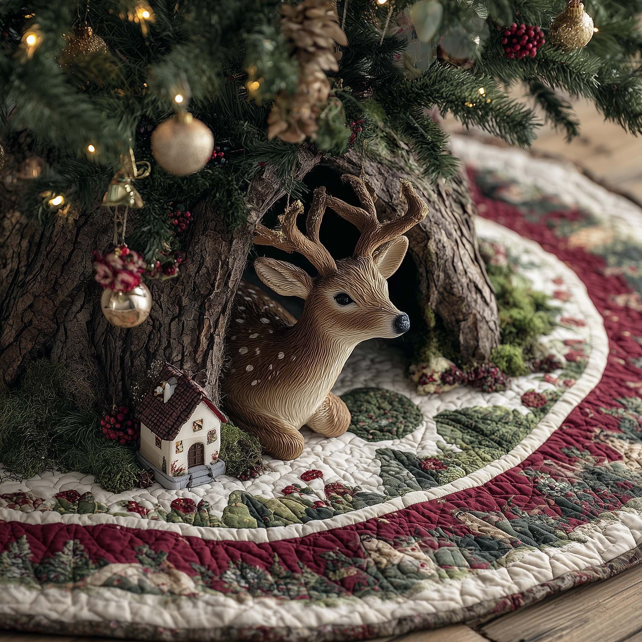 Reindeer Christmas Quilted Tree Skirt Xmas Tree Surround Decor Gifts For Reindeer Lovers