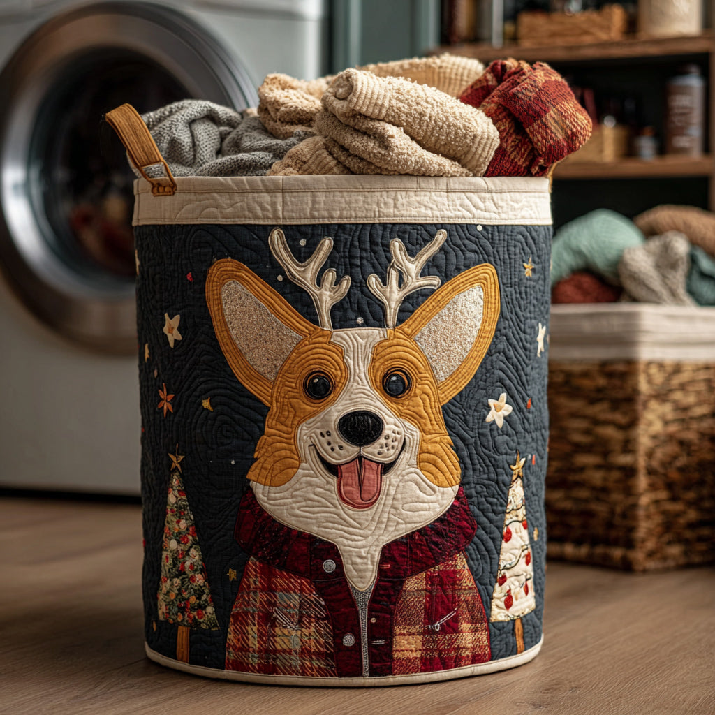 Reindeer Corgi Quilted Laundry Basket Back To School Merch
