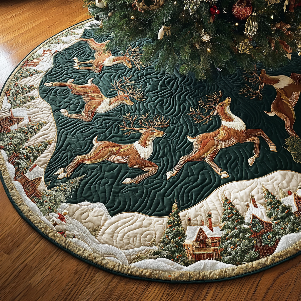 Reindeer Delight Christmas Quilted Tree Skirt Cozy Quilted Tree Skirt to Complement Your Holiday Decor