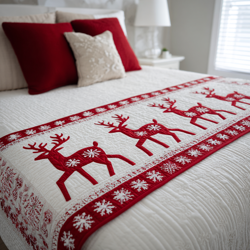 Reindeer Delight Quilted Bed Runner Christmas Holiday Decor Christmas Presents