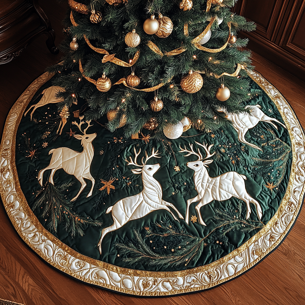 Reindeer Dream Christmas Quilted Tree Skirt Festive Christmas Tree Skirt for Holiday Decor