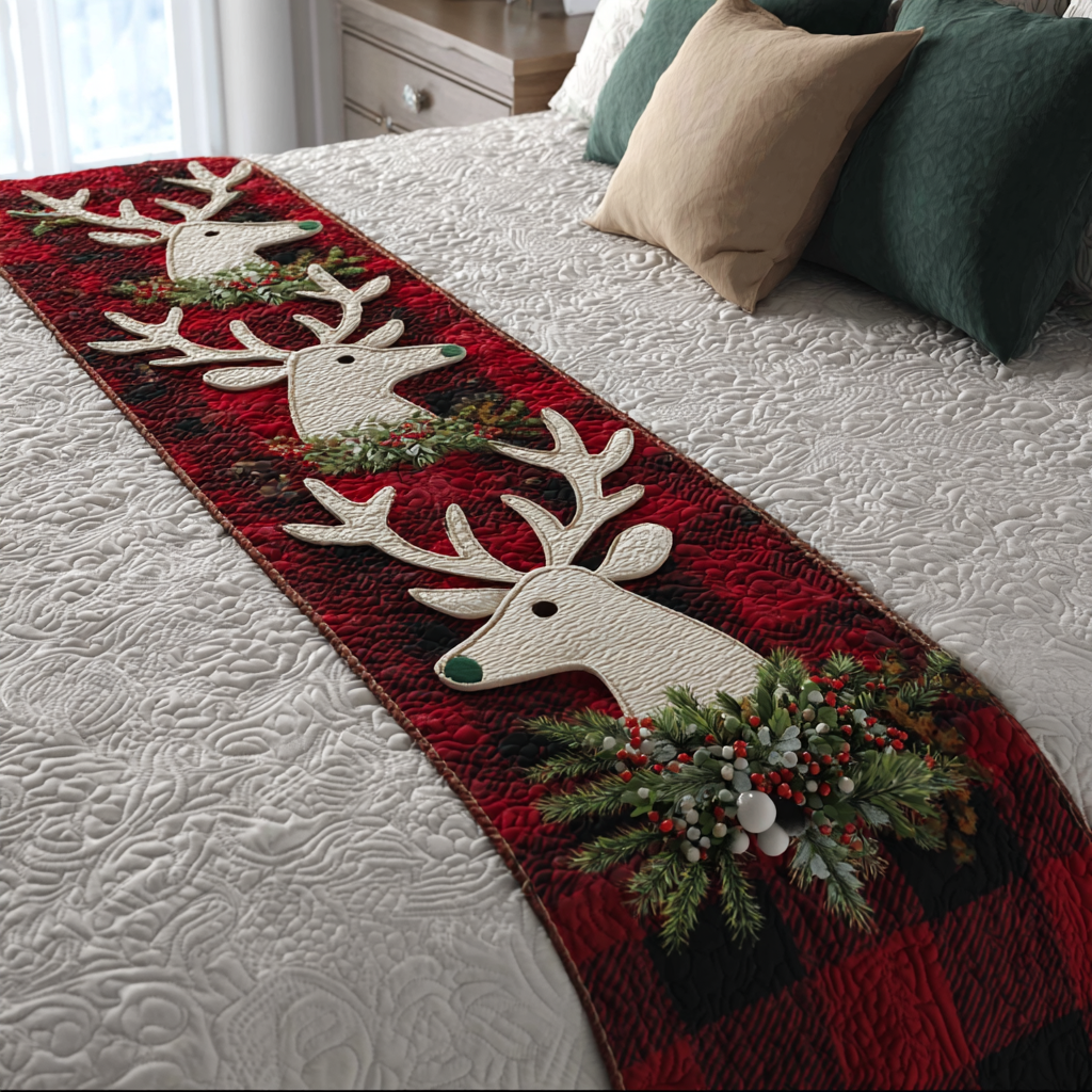 Reindeer Dream Quilted Bed Runner Holiday Bed Runner Great Family Xmas Gifts