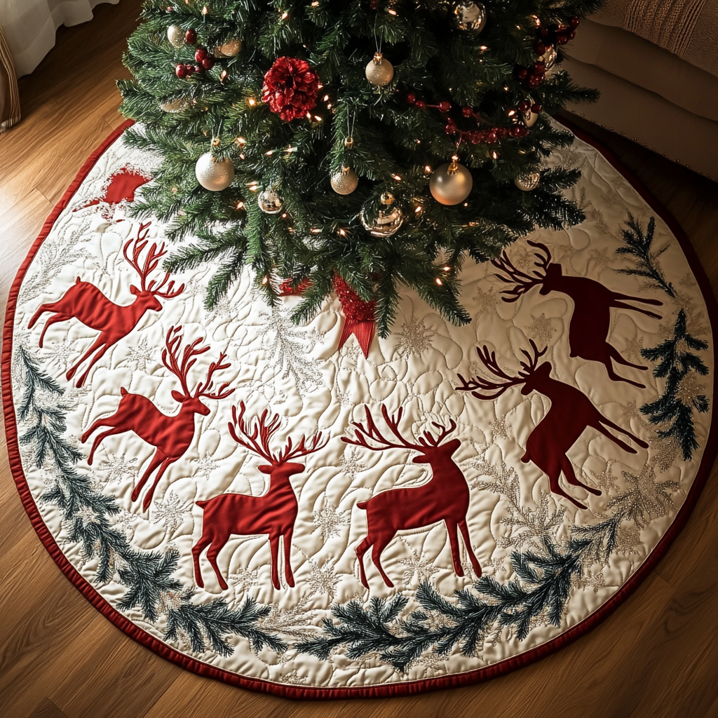 Reindeer Dreams Christmas Quilted Tree Skirt Trending Christmas Tree Skirt Merch 2025