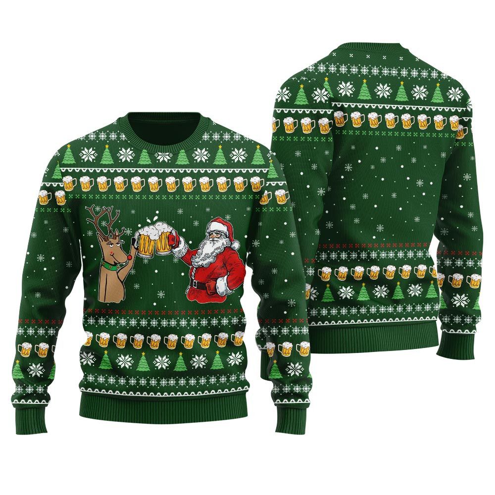 Reindeer Drinking Beer With Santa Ugly Christmas Sweater Warm Winter Merch Gift for Someone You Love
