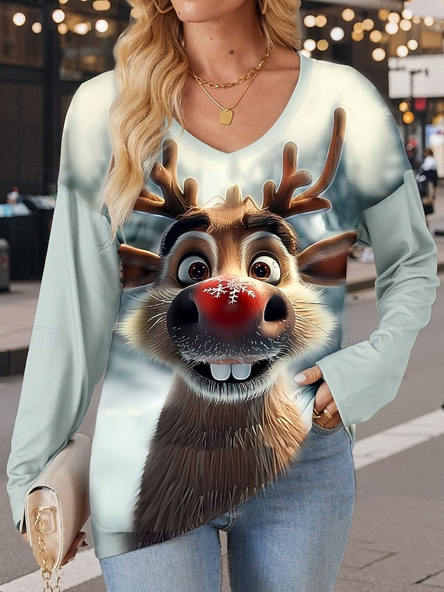 Reindeer Face Christmas Holiday V-Neck Long Sleeve Shirt Cute Rudolph Christmas Gifts