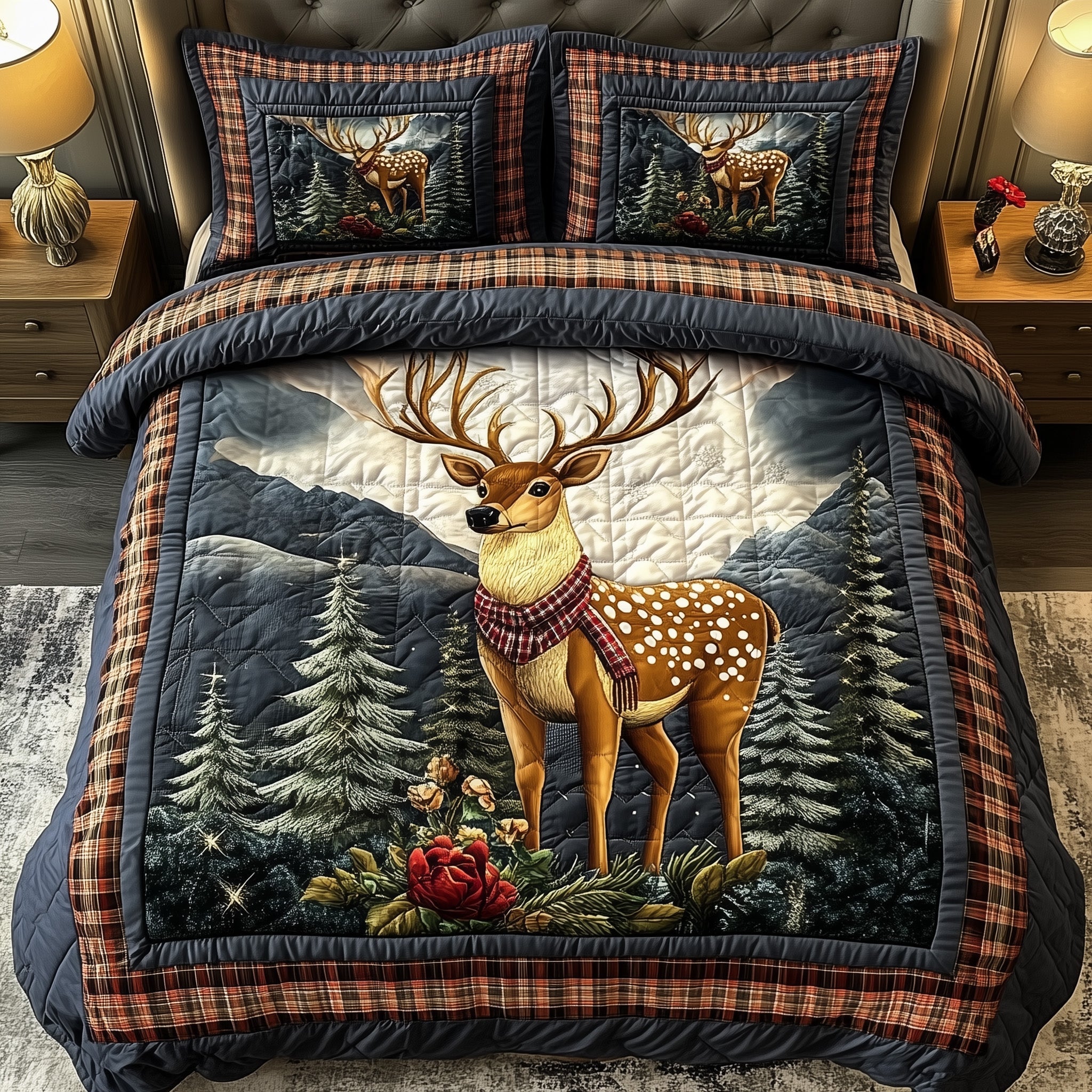 Reindeer Forest Wanderer Christmas Quilted Bedding Set Duvet Cover Bedspread Xmas Animal Theme Gifts For Son