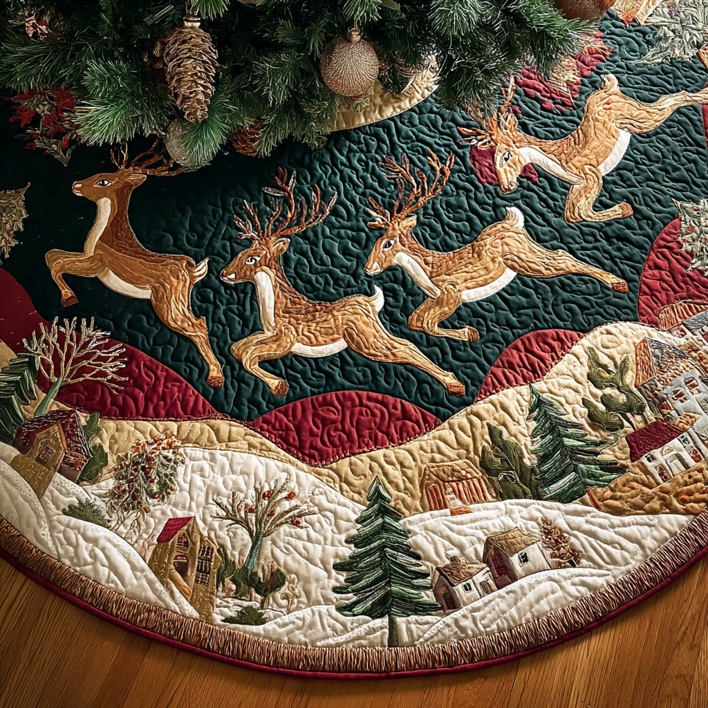 Reindeer Glow Christmas Quilted Tree Skirt Trendy Quilted Tree Skirt for Stylish Christmas Setup