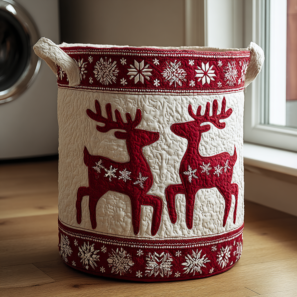 Reindeer Glow Quilted Laundry Basket Lightweight Quilted Laundry Bag for Modern Homes