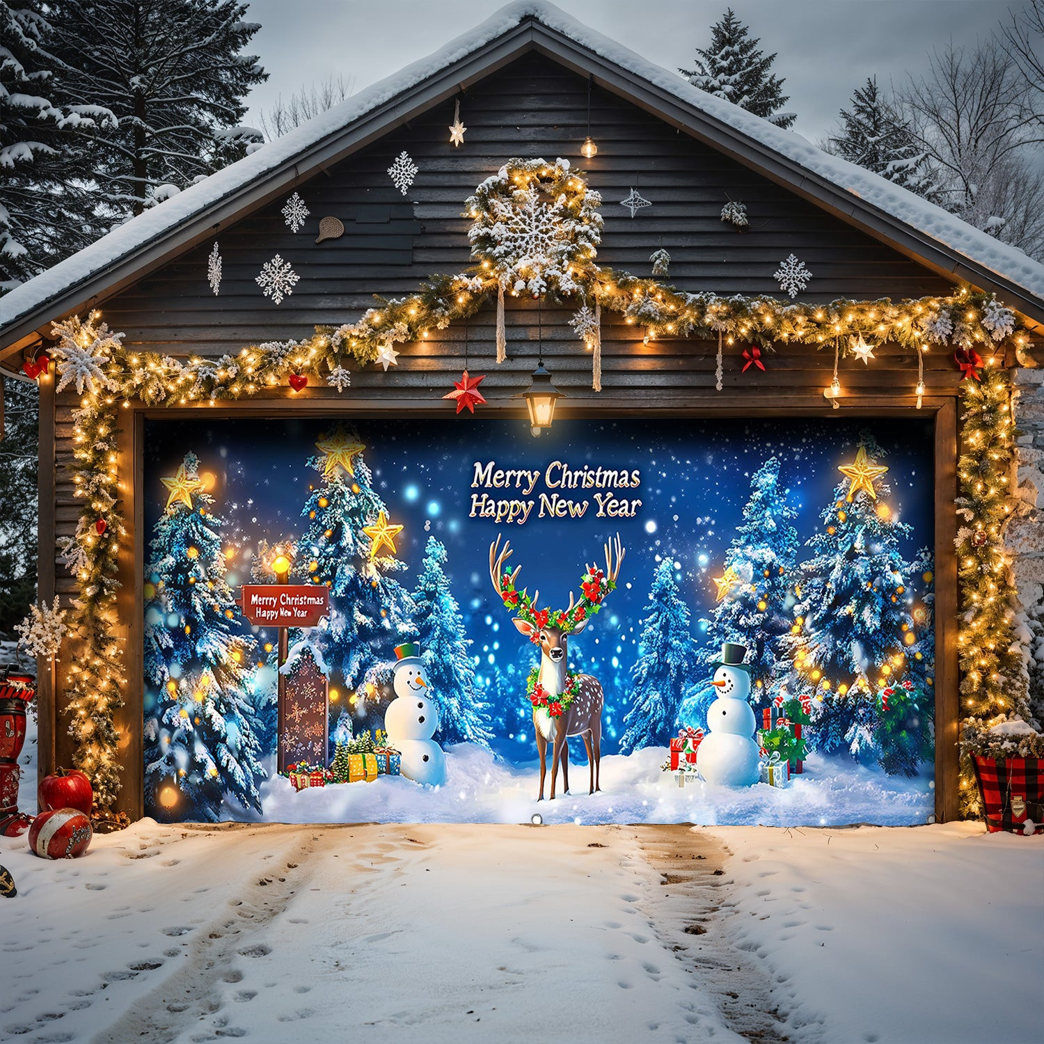 Reindeer Happy New Year Christmas Garage Door Banner Garage Door Holiday Covers Gifts