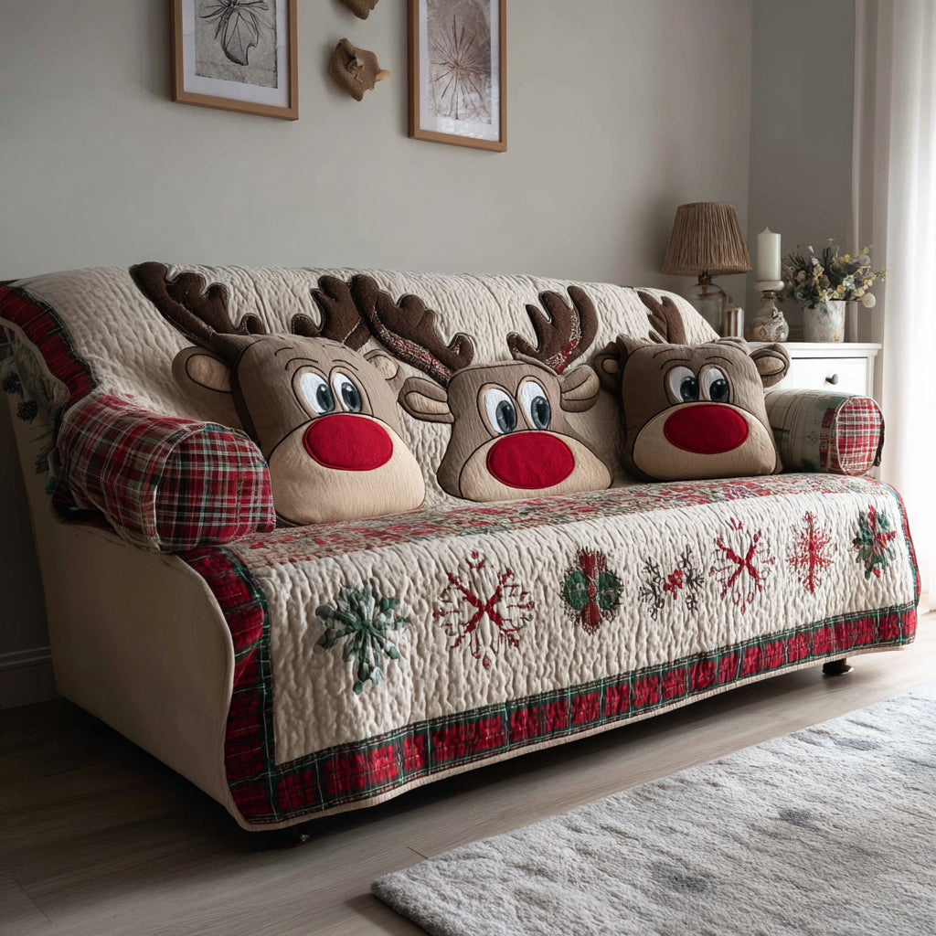 Reindeer Joy Quilted Sofa Cover Holiday Couch Covers Secret Santa Gifts