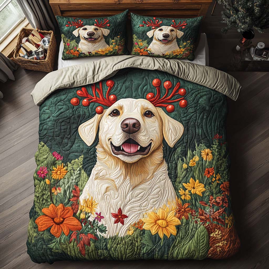 Reindeer Labrador Happy Quilted Bedding Set Christmas Bed Sheets Labrador Themed Gifts