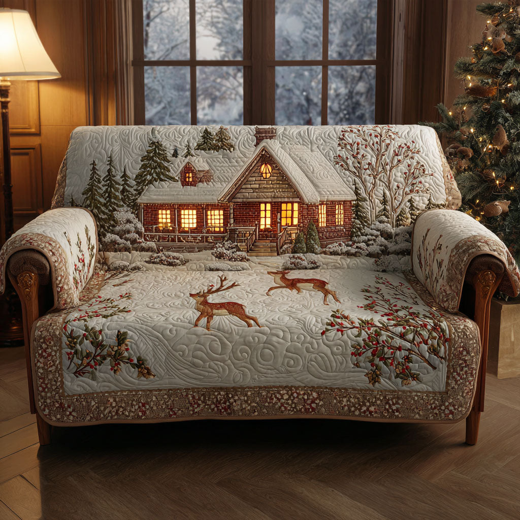 Reindeer Lodge Quilted Sofa Cover Christmas Family Room Decor Best Friend Gifts