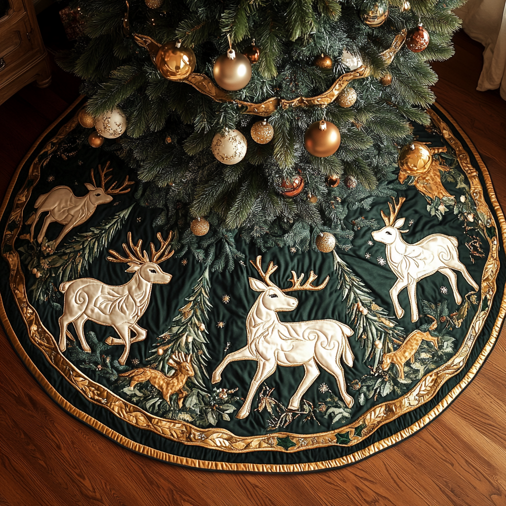 Reindeer Magic Christmas Quilted Tree Skirt Perfect Tree Skirt Gift for Mom or Grandma