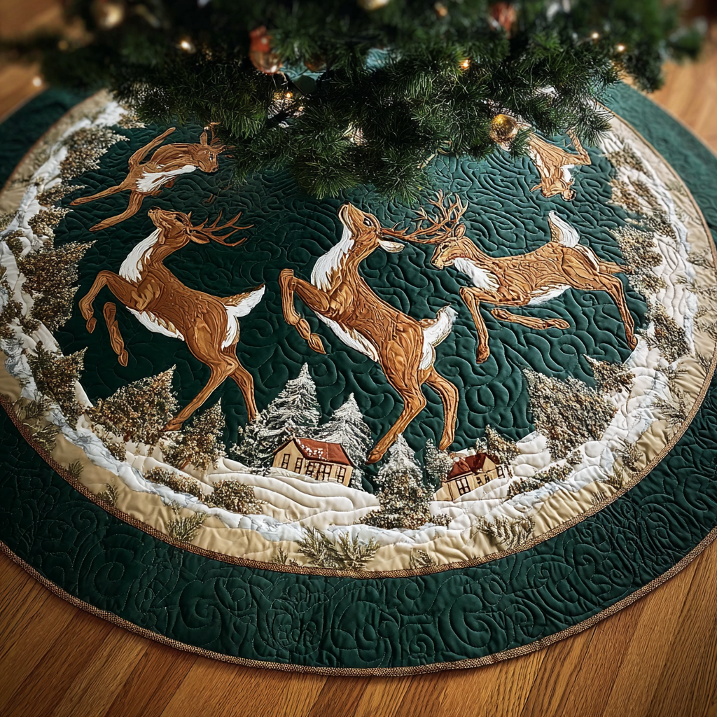 Reindeer Magic Christmas Quilted Tree Skirt Soft and Durable Quilted Tree Skirt for Every Home