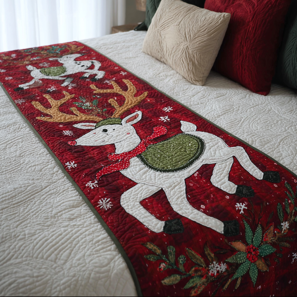 Reindeer Magic Quilted Bed Runner Bedroom Holiday Decor Best Family Xmas Gifts