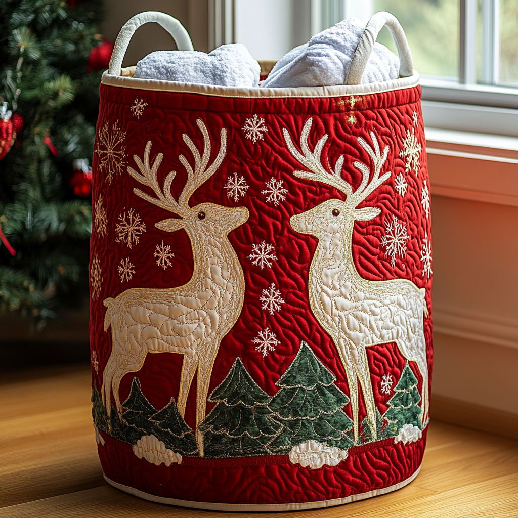 Reindeer Magic Quilted Laundry Basket Decorative Quilted Laundry Basket for Neat Spaces
