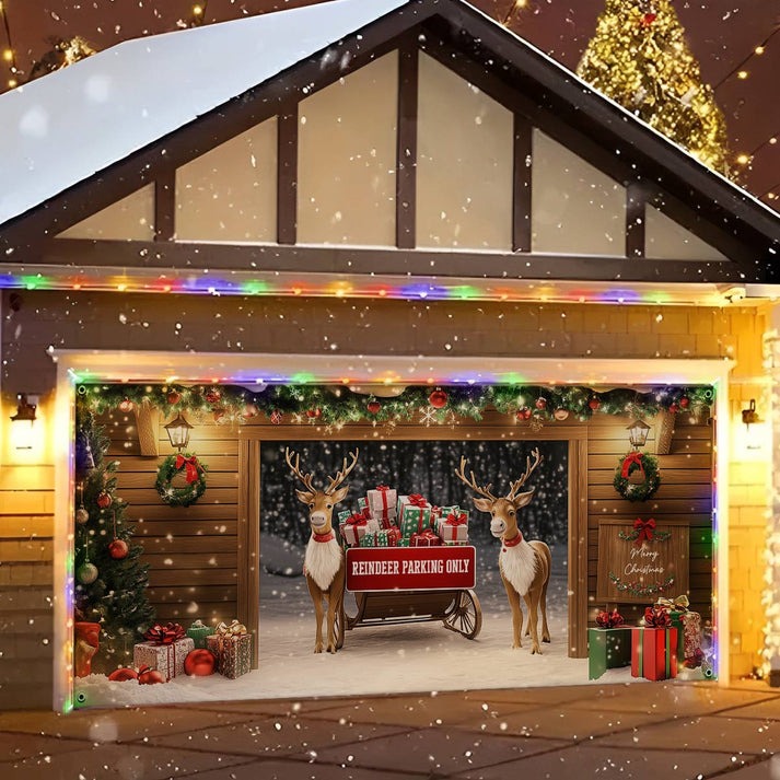Reindeer Parking Only Christmas Garage Door Cover Funny Reindeer With Gifts Outside Decor