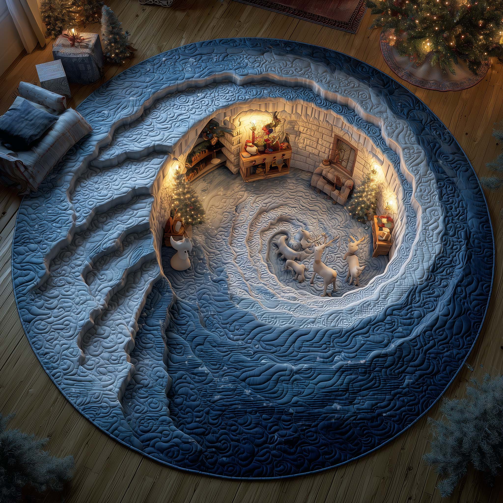 Reindeer Path To North Pole Quilted Round Mat Luxury Quilted Round Mat for Stylish Homes