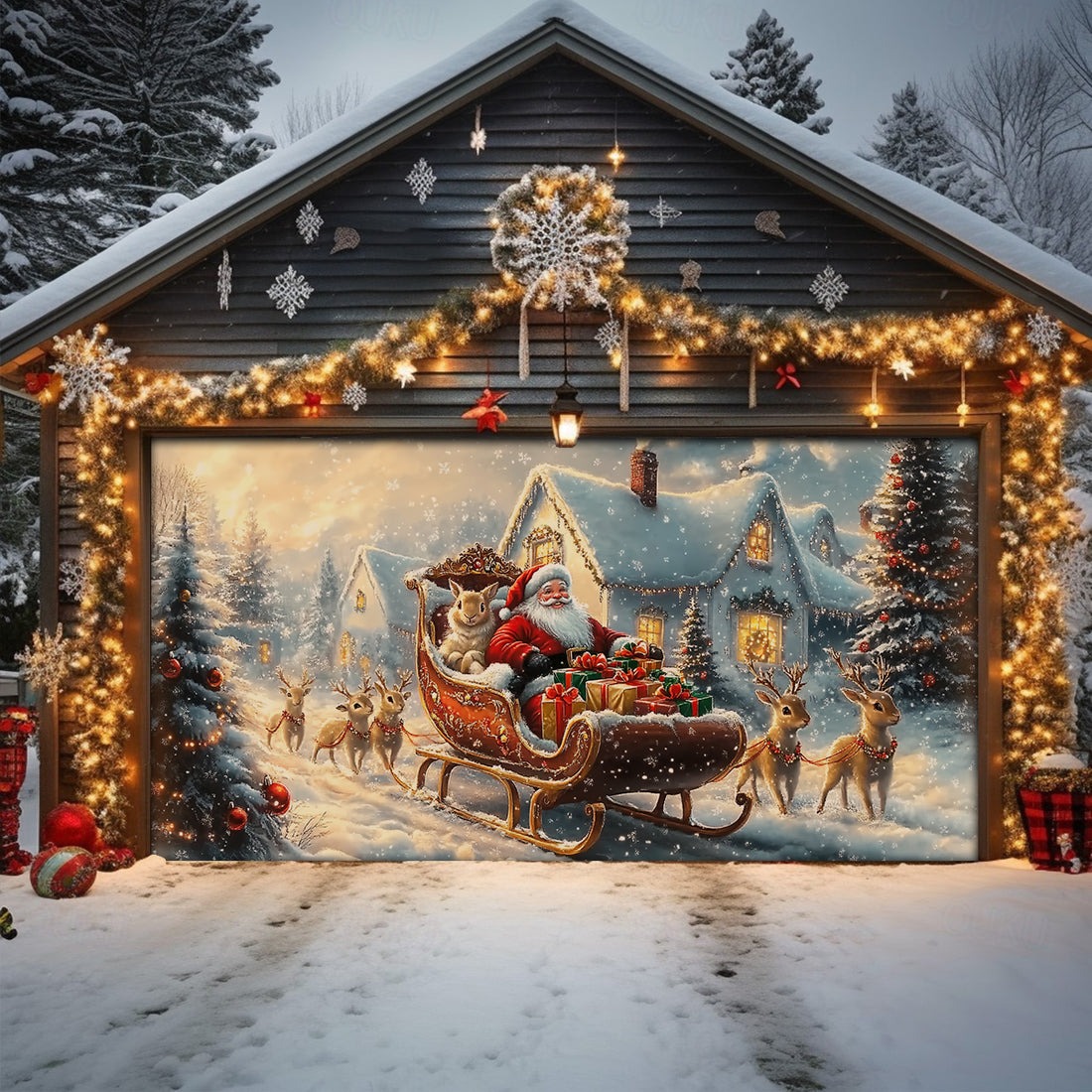 Reindeer Pulling Santa And Bunny On Sleigh Garage Door Cover Magic Sleigh Christmas House Decor