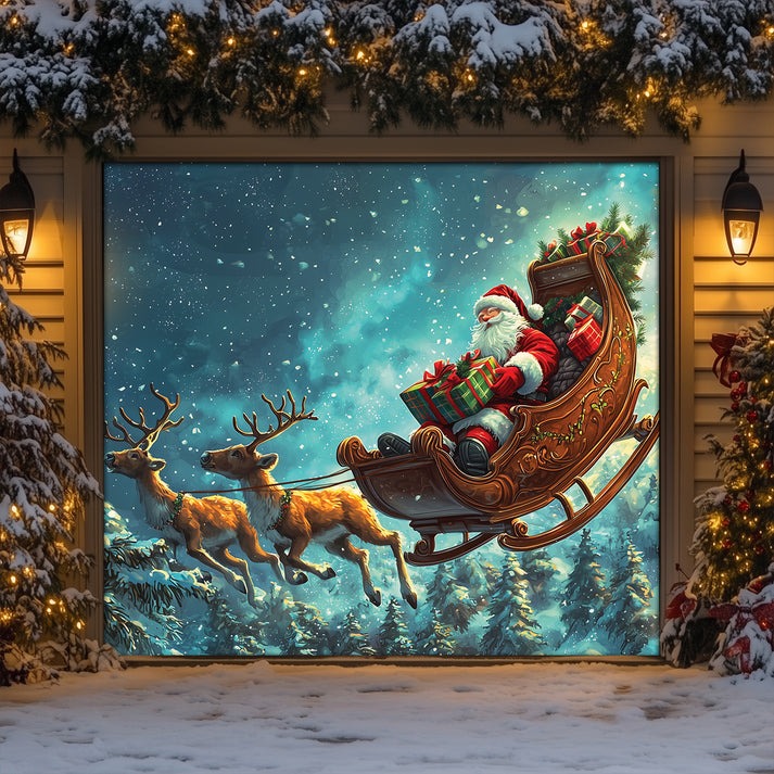 Reindeer Pulling Santa Sleigh Christmas Garage Door Cover Magic Santa's Sleigh House Decor