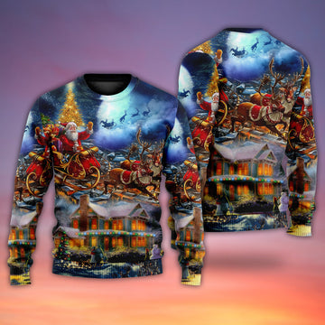 Reindeer Pulling Santa Sleigh Ugly Christmas Sweater Winter Holiday Clothing Gifts For Xmas