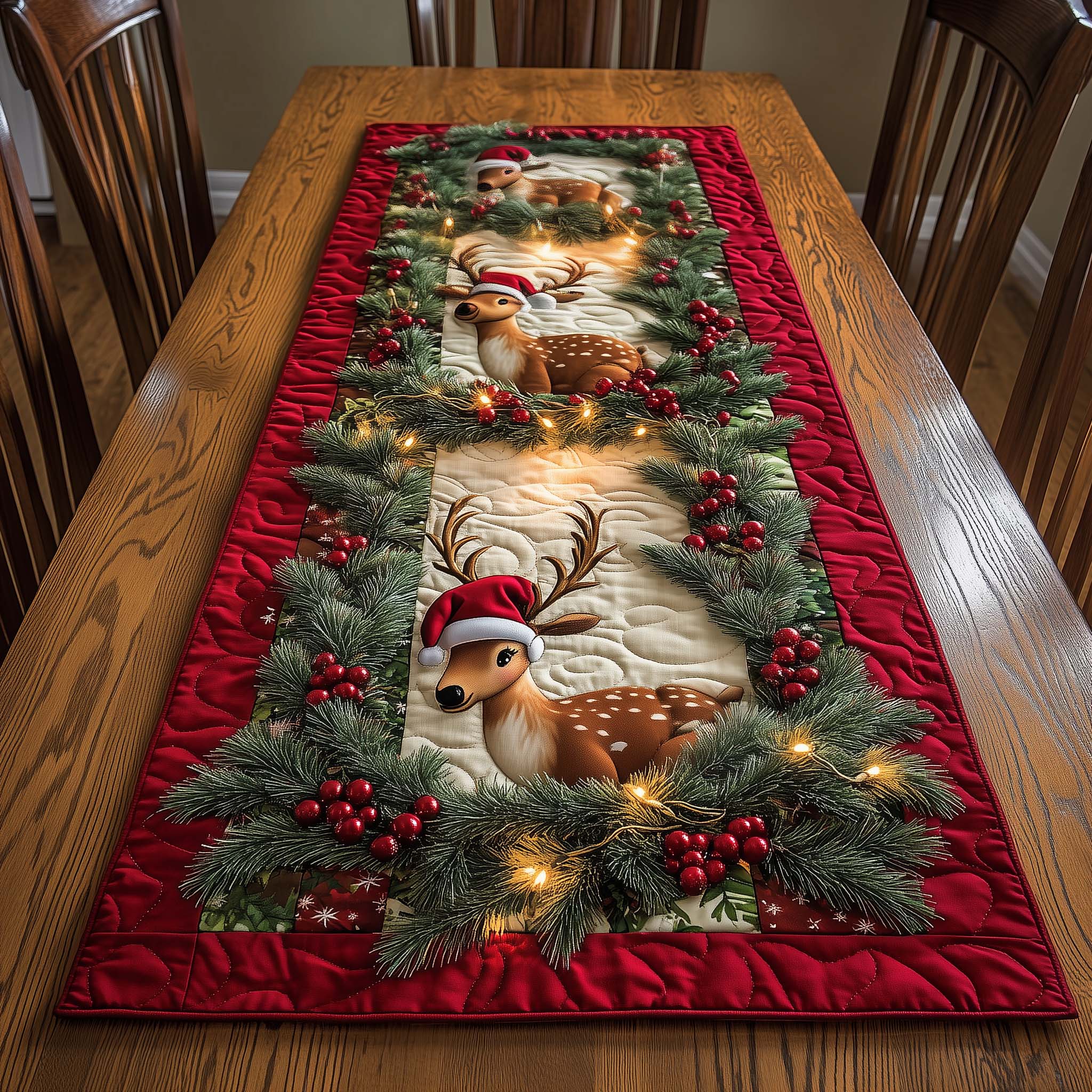 Reindeer Quilted Table Runner Farmhouse Dining Room Decor Gift For Home