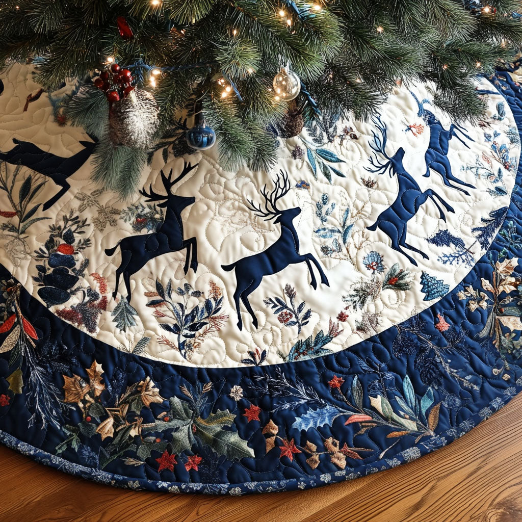 Reindeer Reverie Quilted Christmas Tree Skirt Cozy Holiday Home Decor