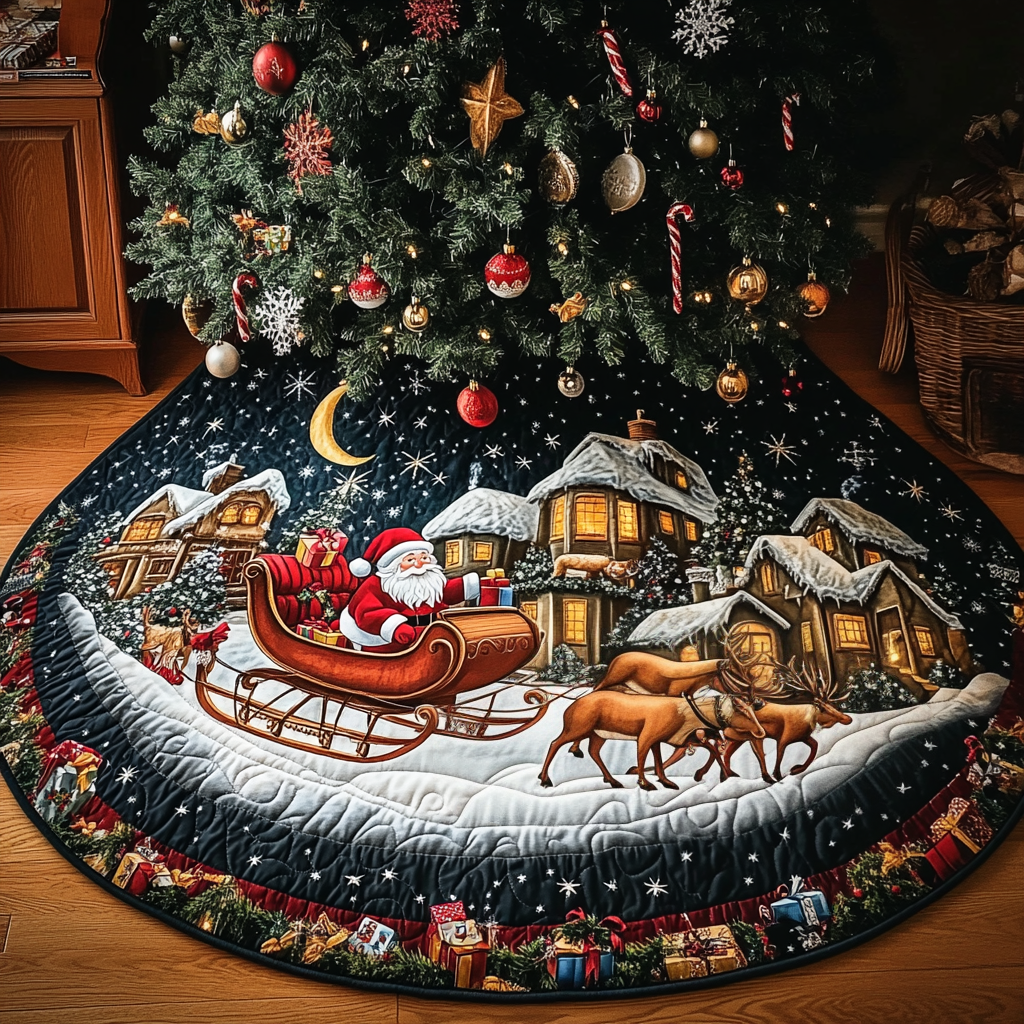 Reindeer Ride Christmas Quilted Tree Skirt Exclusive Holiday Tree Skirt Gift for Families