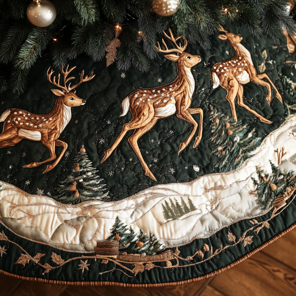 Reindeer Run Quilted Christmas Tree Skirt Special Holiday Tree Skirt Gift for Newlyweds