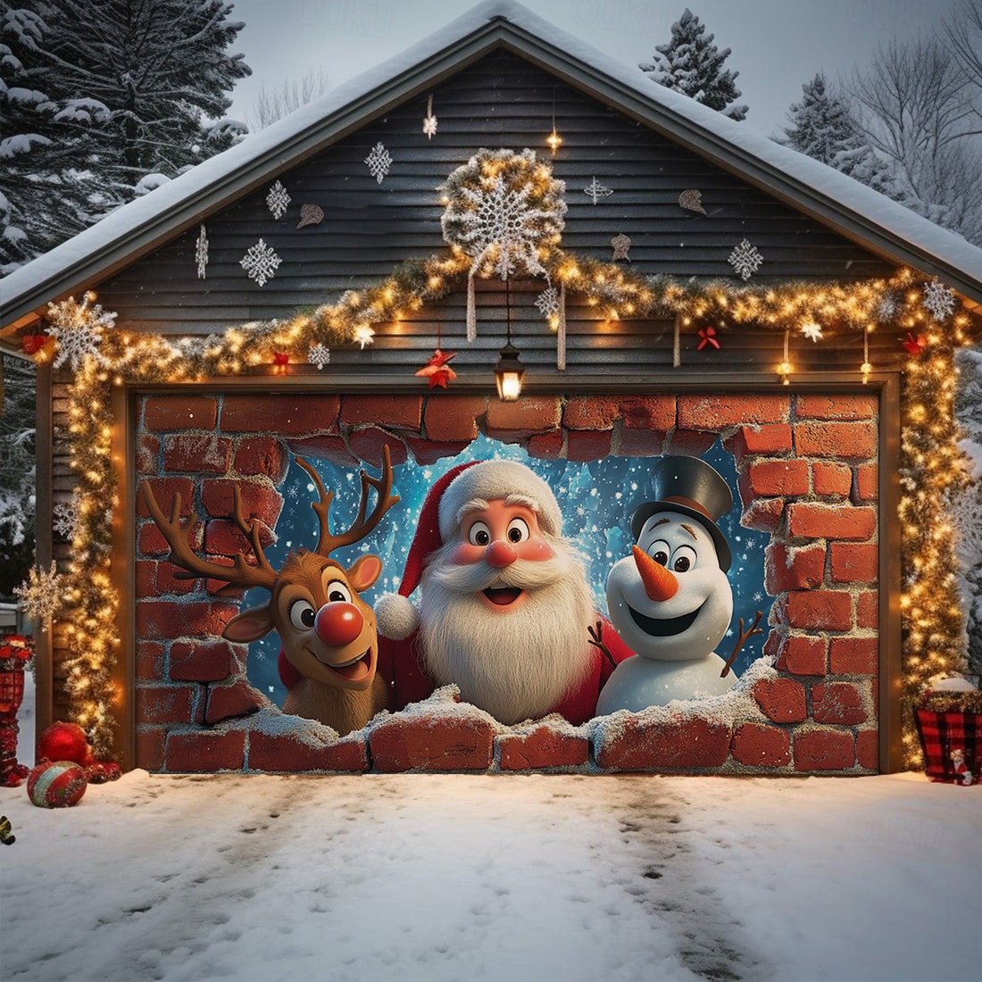 Reindeer Santa And Snowman Christmas Garage Door Cover Cute Outdoor Decoration Gifts
