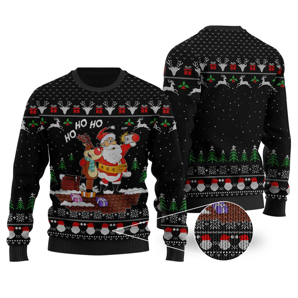 Reindeer Santa Selfie Ho Ho Ho Black Ugly Christmas Sweater Unique Holiday Sweater Gift Idea for Loved Ones