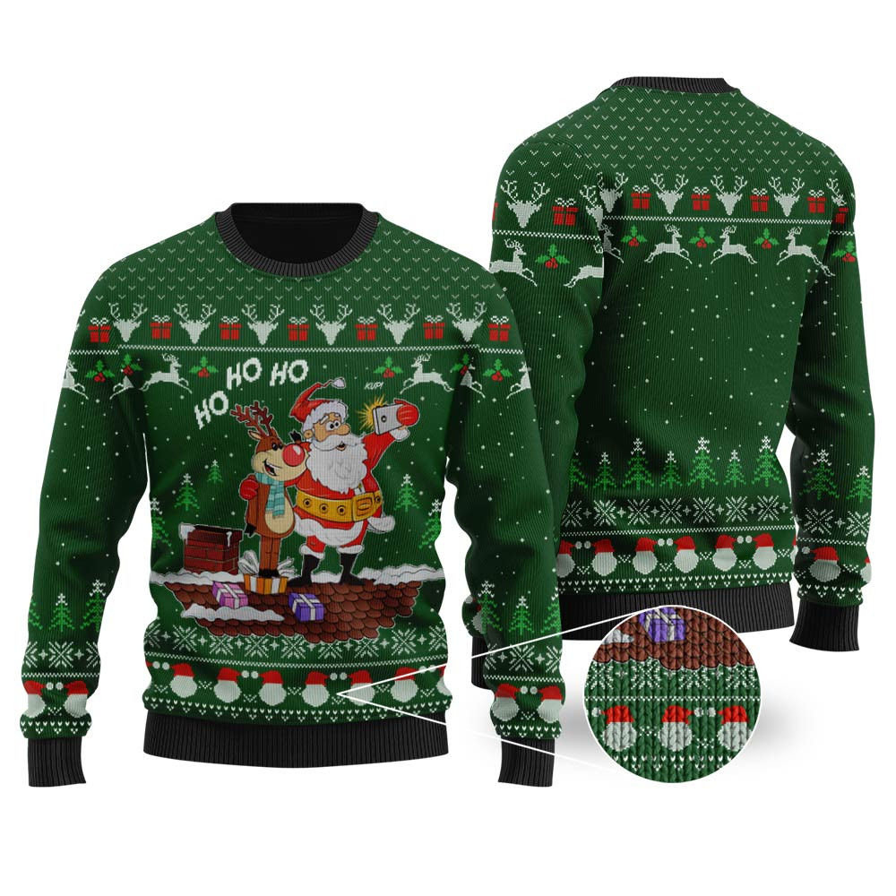 Reindeer Santa Selfie Ho Ho Ho Forest Green Ugly Christmas Sweater Casual Winter Sweatshirt for Daily Comfort