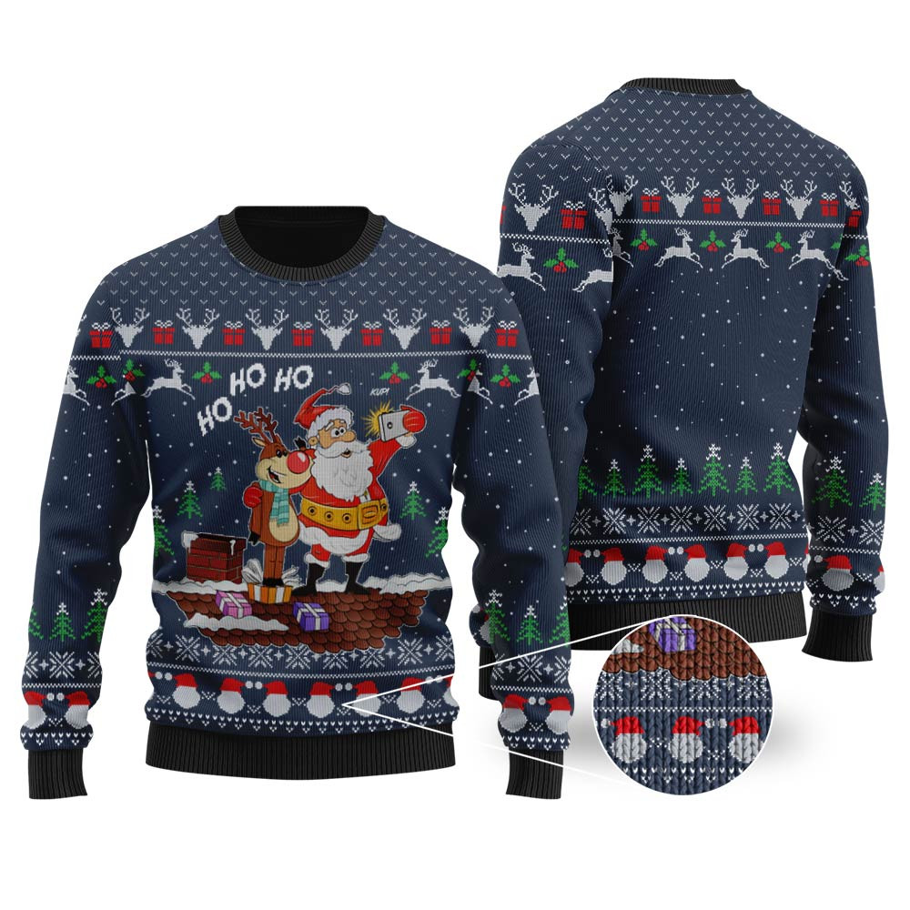 Reindeer Santa Selfie Ho Ho Ho Navy Ugly Christmas Sweater Unique Holiday Sweater Gift Idea for Loved Ones